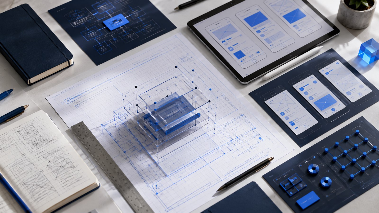 Plans et wireframes d'une application sur le bureau d'un architecte logiciel