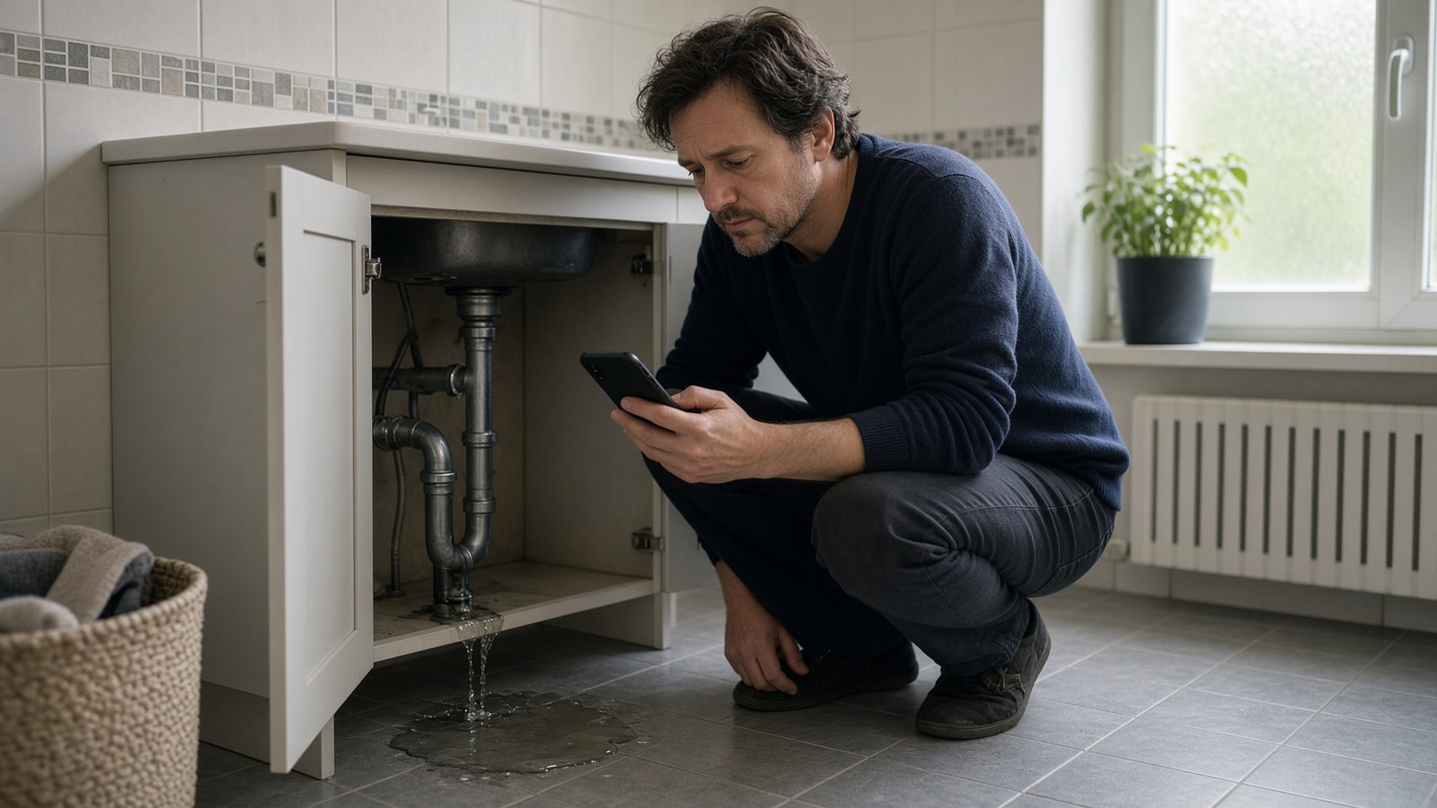 Homme accroupi devant une fuite d'eau sous un évier, cherchant un dépanneur sur son téléphone