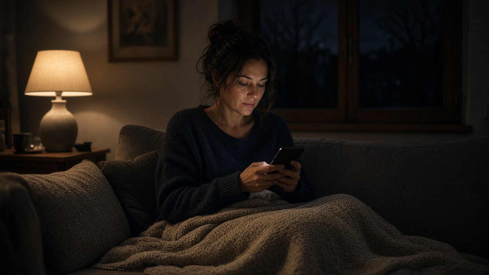 Femme installée sur son canapé le soir, en train de réserver depuis son téléphone