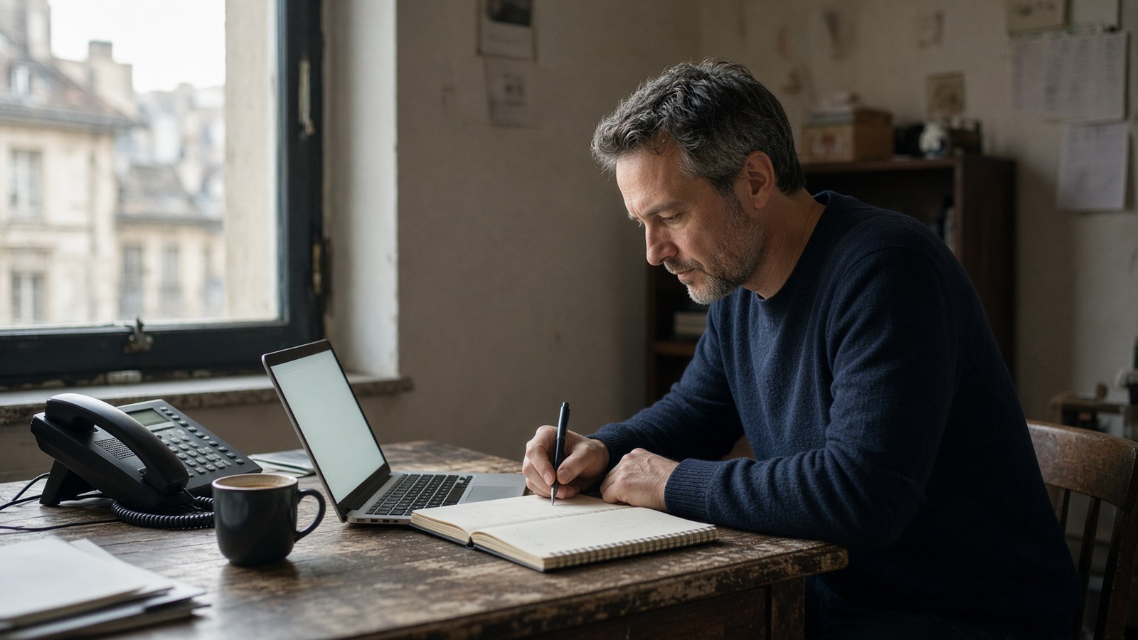 Gérant vérifiant dans un carnet ce que sont devenues les demandes reçues, à côté de son ordinateur