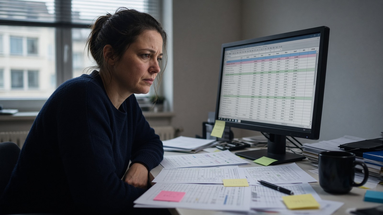 Une gestionnaire face à un tableur surchargé, entourée de listings papier et de post-it
