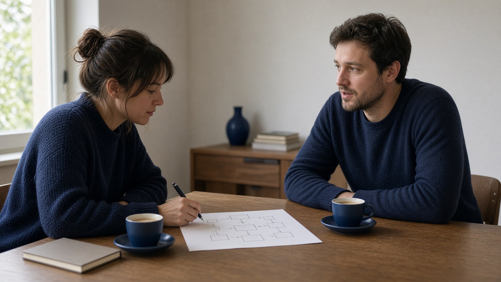 Deux personnes autour d'une table esquissent le schéma d'un projet sur une feuille