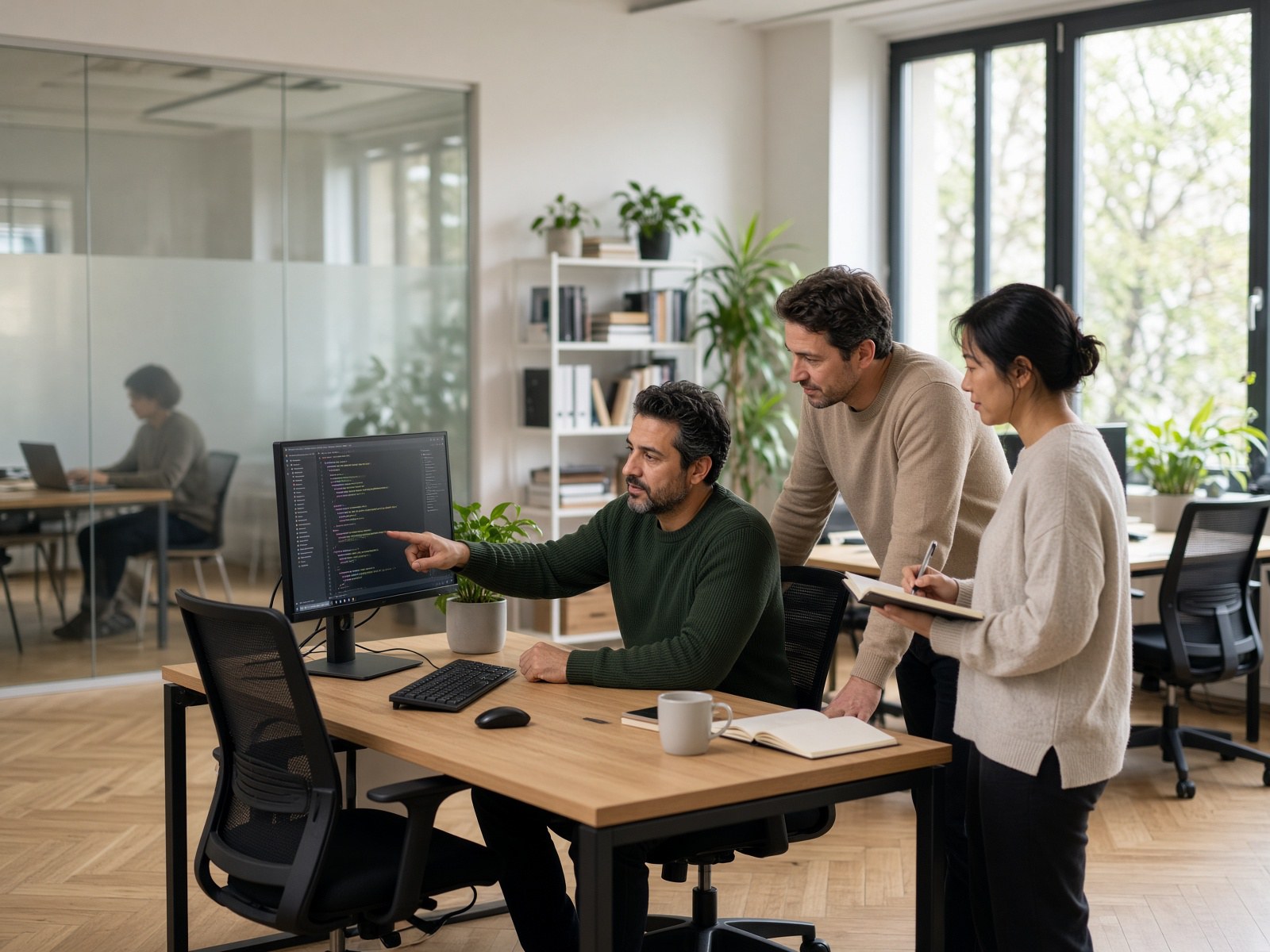 Trois collègues de Renova Softwork réunis autour d'un écran dans nos bureaux en Suisse romande.
